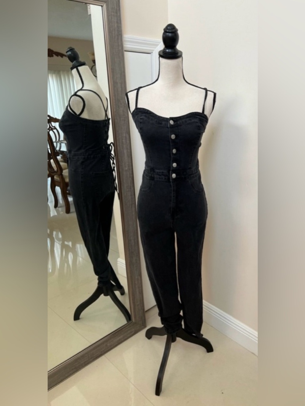 Black Button-Front Denim Jumpsuit with Spaghetti Straps